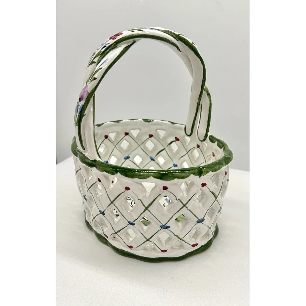 RCCL Hand Painted Portugal Ceramic Lattice Basket Floral Twisted Handle Floral